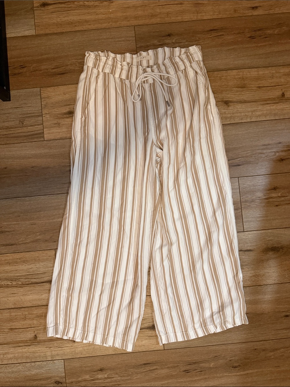LOFT Cream and Tan Striped Wide-Leg Paperbag Pants